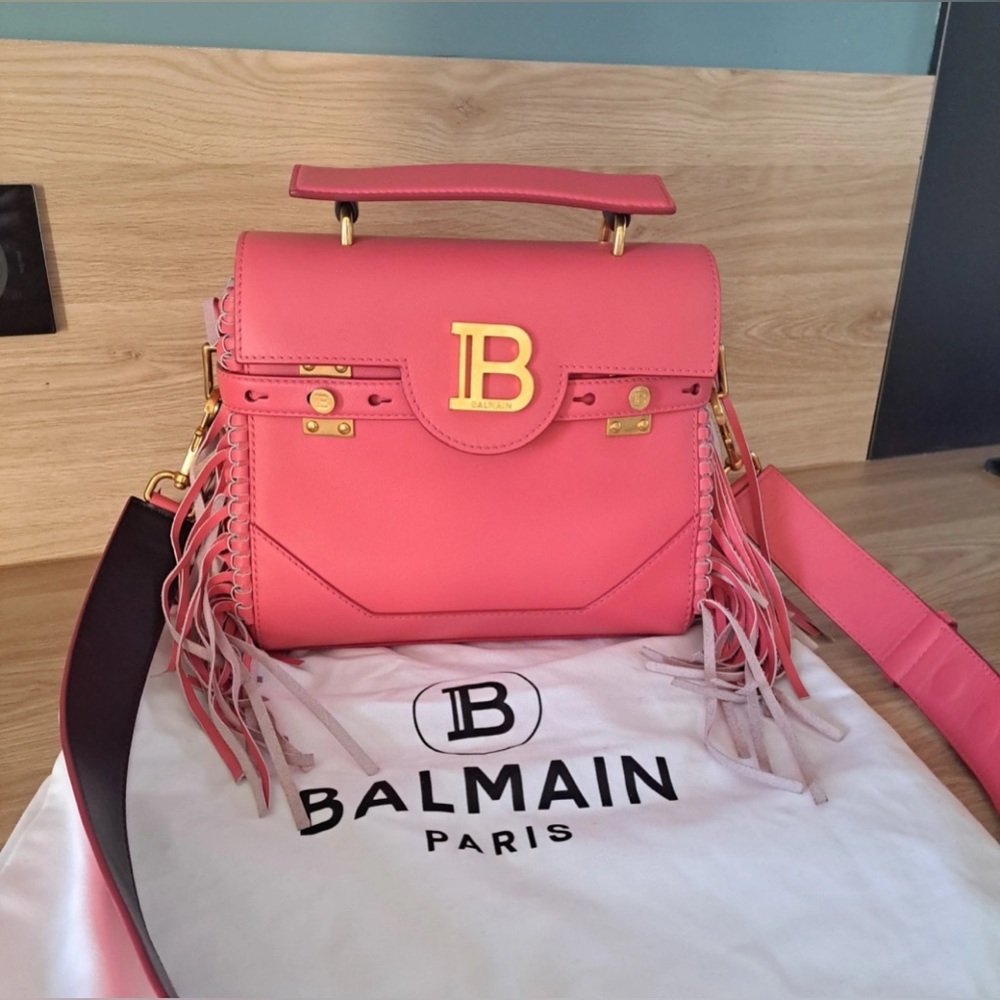 BALMAIN B BUZZ 23 Dark Pink Fringe Leather Gold Metal Hardware Shoulder Handbag